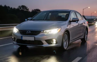 Modern car highlighting hidden safety and driver-assist technologies including sensors, radar, cameras, adaptive headlights, and automatic braking systems on a wet highway