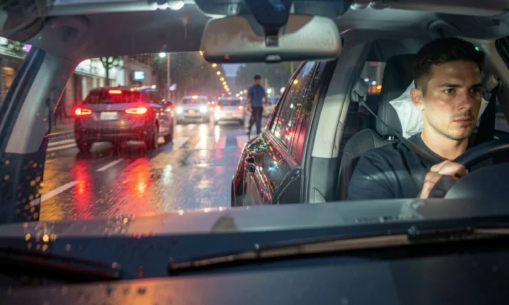 Modern car using safety features like automatic emergency braking and seat belts to prevent a road accident in wet urban conditions