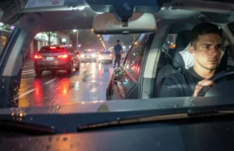 Modern car using safety features like automatic emergency braking and seat belts to prevent a road accident in wet urban conditions