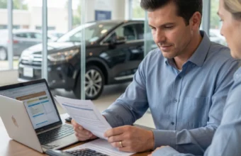 Person reviewing car financing options with documents and calculator in a dealership showroom before buying a vehicle