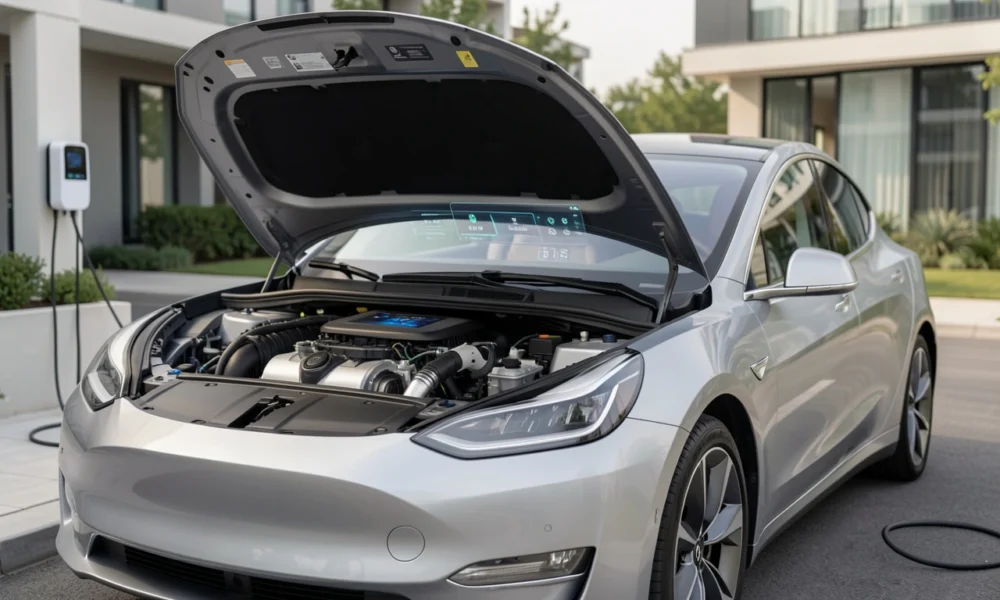 Modern electric car connected to a home charger showing digital dashboard and advanced driver assistance technology