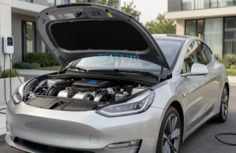Modern electric car connected to a home charger showing digital dashboard and advanced driver assistance technology