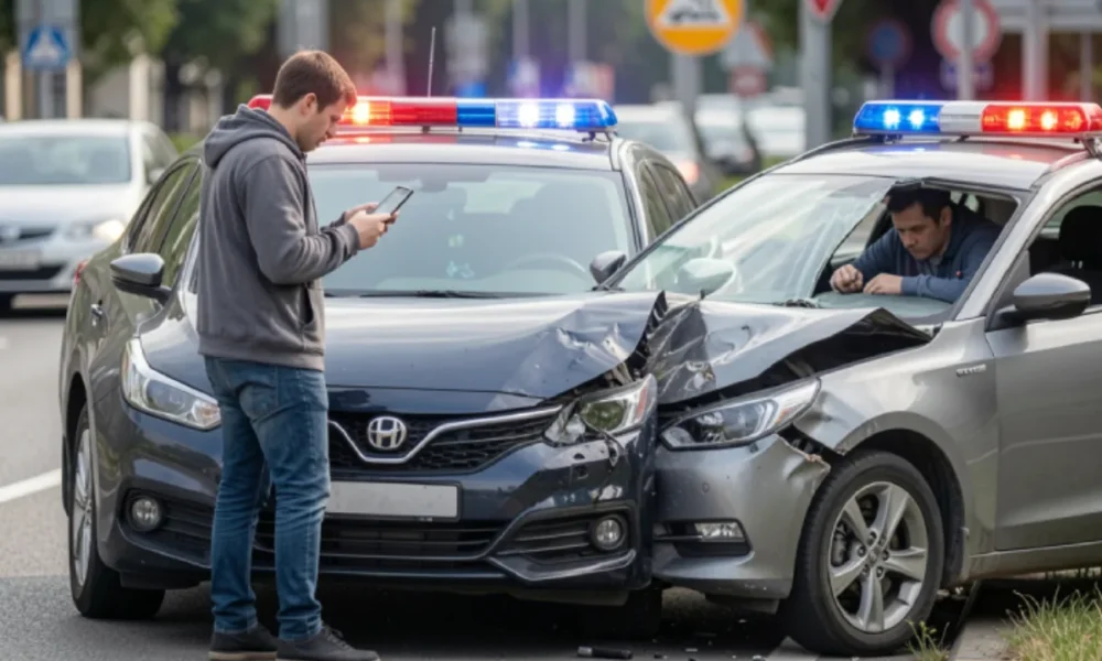 Drivers documenting vehicle damage after a minor car accident on the roadside