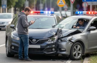 Drivers documenting vehicle damage after a minor car accident on the roadside