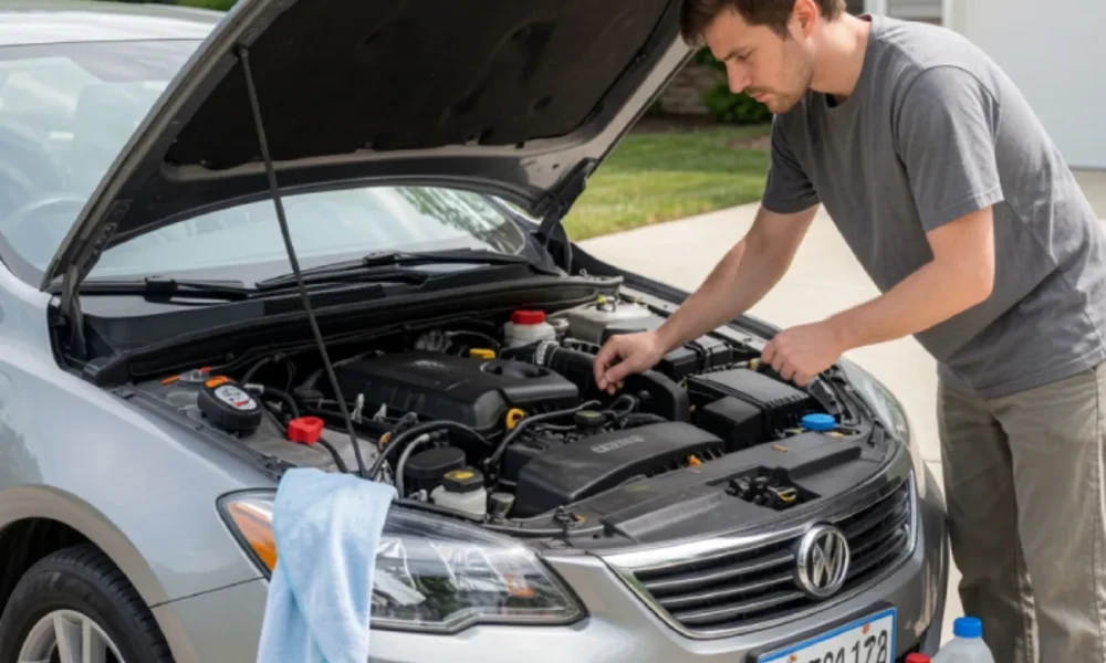 Beginner checking car engine, tires, and fluids during routine car maintenance checklist at home driveway