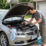 Beginner checking car engine, tires, and fluids during routine car maintenance checklist at home driveway