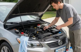 Beginner checking car engine, tires, and fluids during routine car maintenance checklist at home driveway