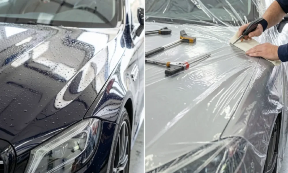 Ceramic coating vs PPF comparison showing glossy water-beading car surface and transparent paint protection film installation on vehicle hood
