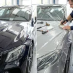 Ceramic coating vs PPF comparison showing glossy water-beading car surface and transparent paint protection film installation on vehicle hood