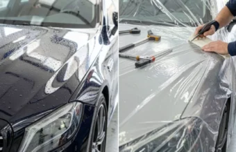Ceramic coating vs PPF comparison showing glossy water-beading car surface and transparent paint protection film installation on vehicle hood