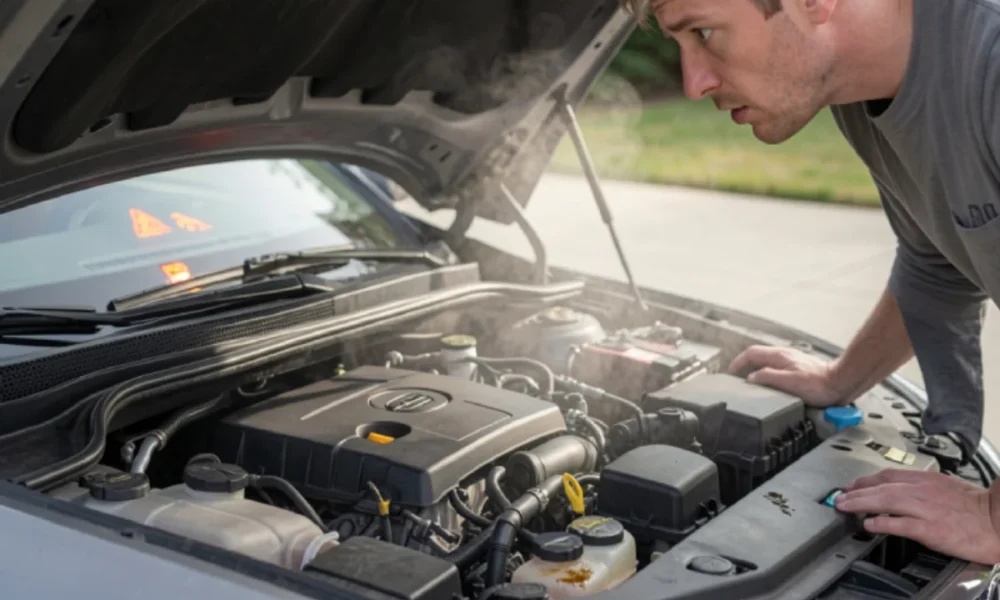 Car engine overheating and warning signs with open hood and driver inspecting engine for common problems