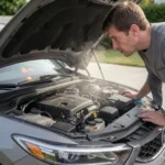 Car engine overheating and warning signs with open hood and driver inspecting engine for common problems