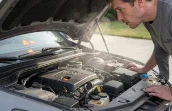 Car engine overheating and warning signs with open hood and driver inspecting engine for common problems
