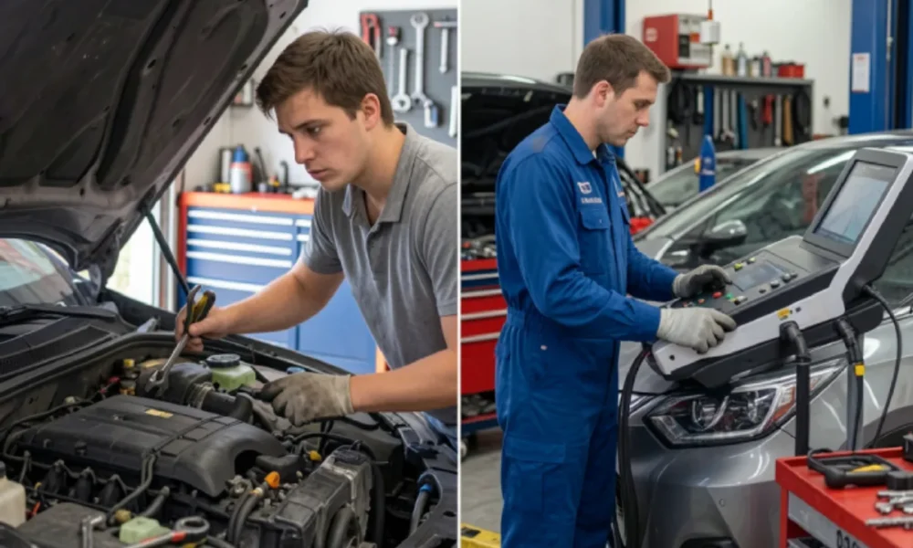 DIY vs professional car repair comparison showing beginner working on car at home and mechanic using tools in auto workshop