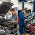 DIY vs professional car repair comparison showing beginner working on car at home and mechanic using tools in auto workshop