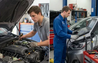 DIY vs professional car repair comparison showing beginner working on car at home and mechanic using tools in auto workshop