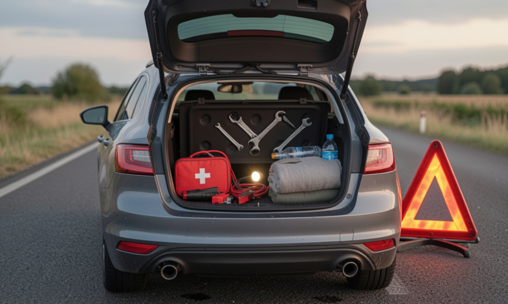 Car emergency kit with essential items like first aid supplies, jumper cables, flashlight, and warning triangle during roadside breakdown