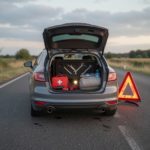Car emergency kit with essential items like first aid supplies, jumper cables, flashlight, and warning triangle during roadside breakdown