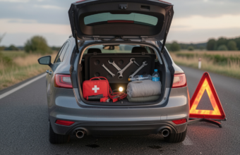 Car emergency kit with essential items like first aid supplies, jumper cables, flashlight, and warning triangle during roadside breakdown