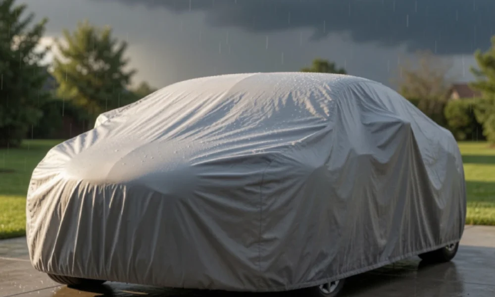 Car protected with cover showing contrast between sun and rain exposure to prevent weather damage