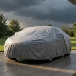 Car protected with cover showing contrast between sun and rain exposure to prevent weather damage