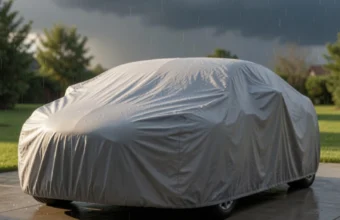 Car protected with cover showing contrast between sun and rain exposure to prevent weather damage