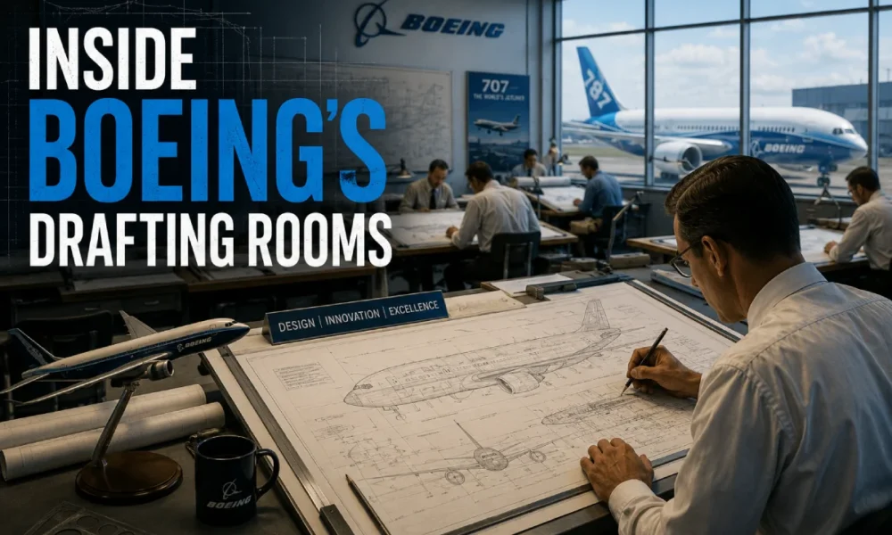 Engineers working inside Boeing's drafting room, creating aircraft blueprints and technical designs for commercial airplanes.