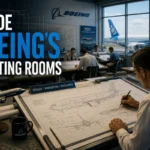 Engineers working inside Boeing's drafting room, creating aircraft blueprints and technical designs for commercial airplanes.