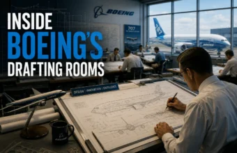 Engineers working inside Boeing's drafting room, creating aircraft blueprints and technical designs for commercial airplanes.