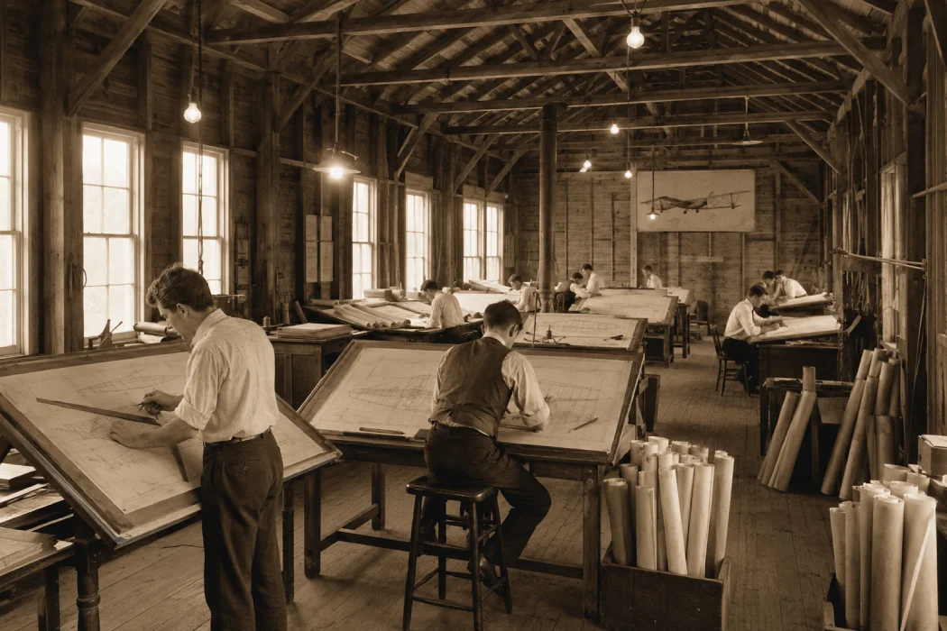 Historic Boeing drafting room inside the Red Barn with drafters at slanted tables
