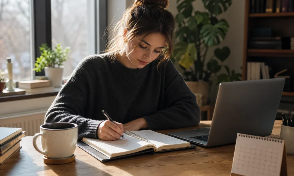 Student using a planner to create a study schedule at a desk