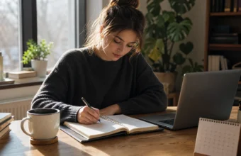 Student using a planner to create a study schedule at a desk