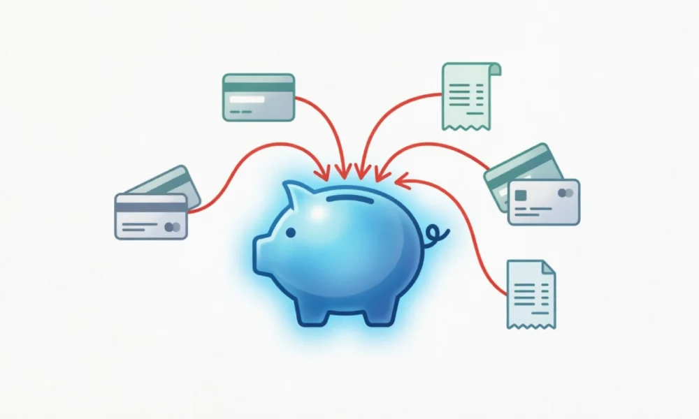 Debt consolidation loan guide illustration showing multiple bills combining into one payment