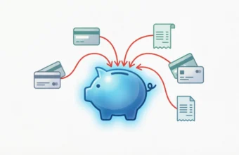 Debt consolidation loan guide illustration showing multiple bills combining into one payment