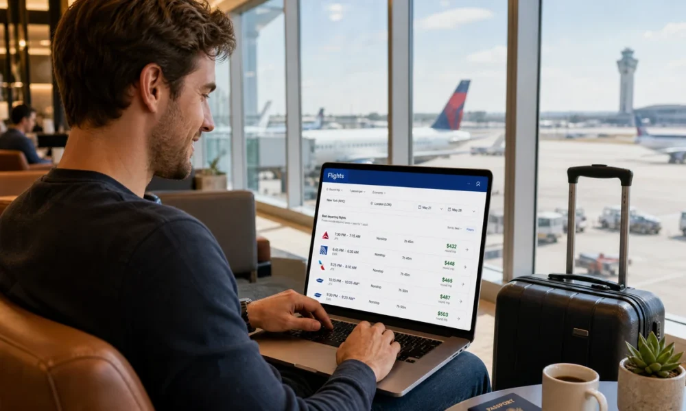 Traveler using a laptop at the airport to find affordable flight deals