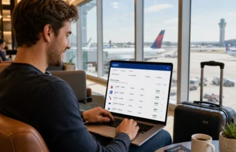 Traveler using a laptop at the airport to find affordable flight deals