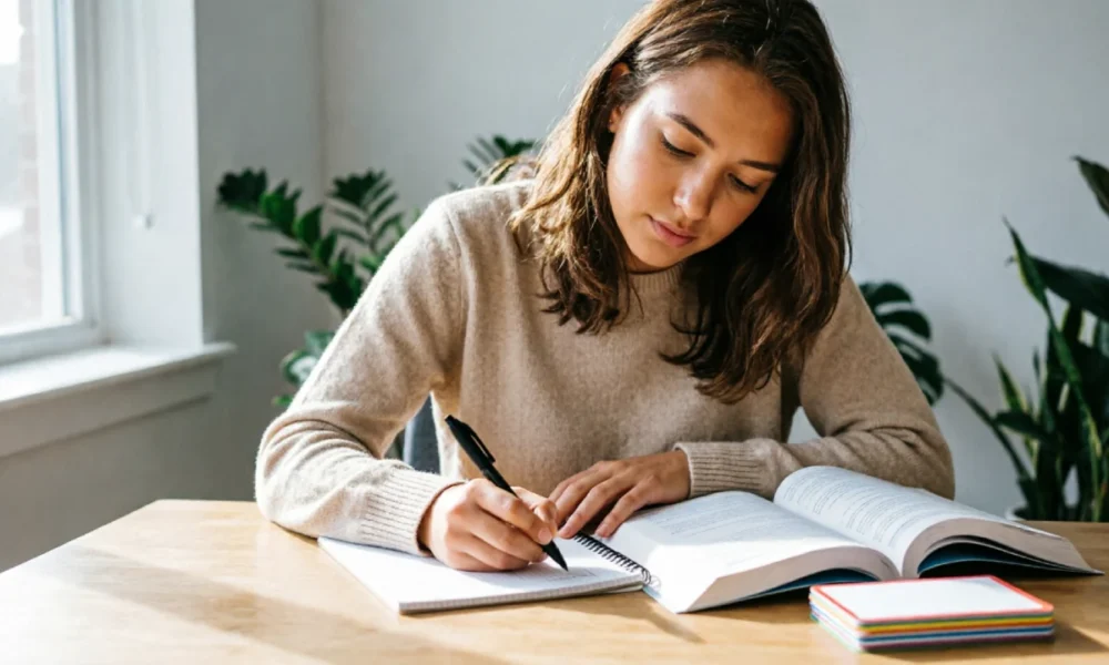 Student practicing techniques to improve memory while studying at a desk