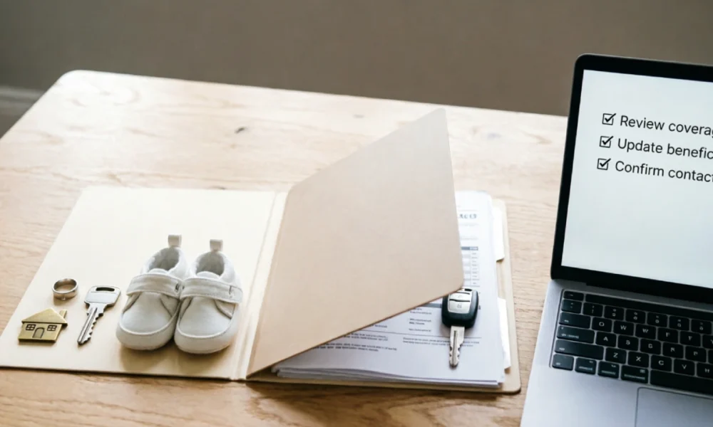 insurance coverage life changes review checklist with house key, wedding ring, and baby shoes on desk