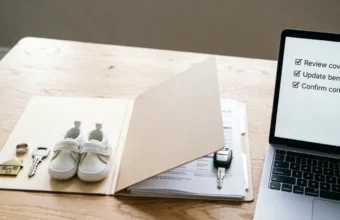 insurance coverage life changes review checklist with house key, wedding ring, and baby shoes on desk