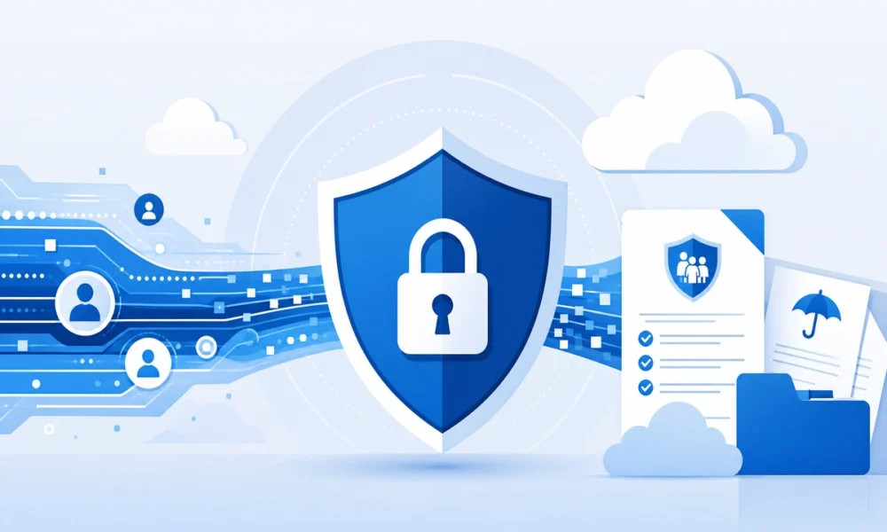 Insurance data privacy challenges shown through a digital shield protecting customer data