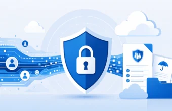 Insurance data privacy challenges shown through a digital shield protecting customer data