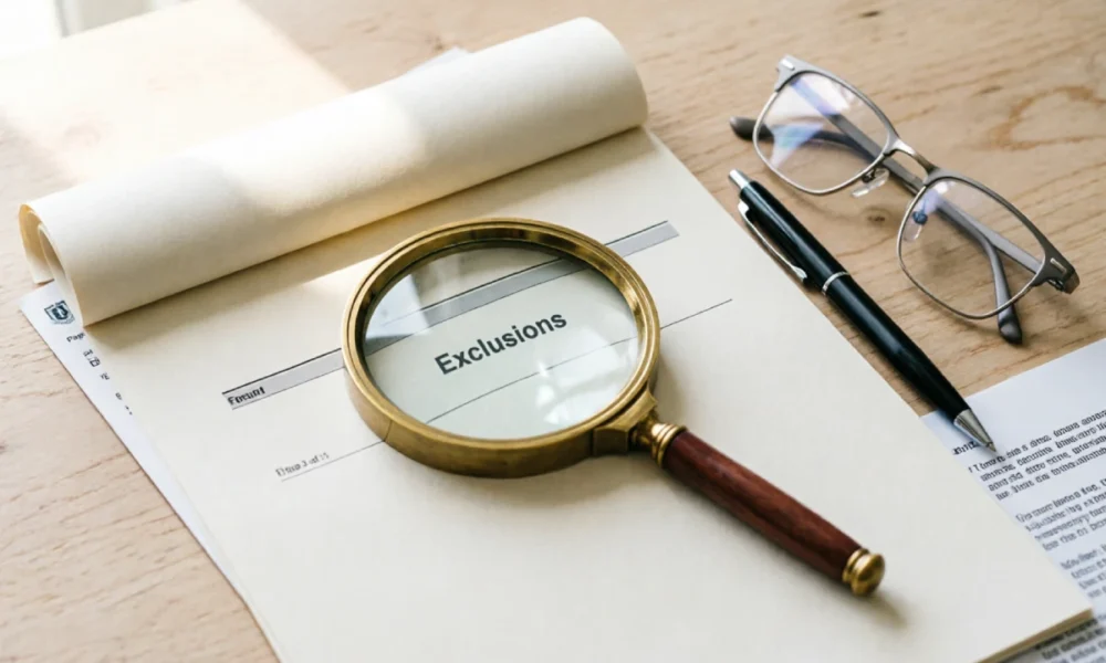 Magnifying glass highlighting insurance exclusions before buying a policy
