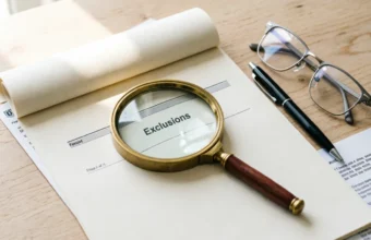Magnifying glass highlighting insurance exclusions before buying a policy