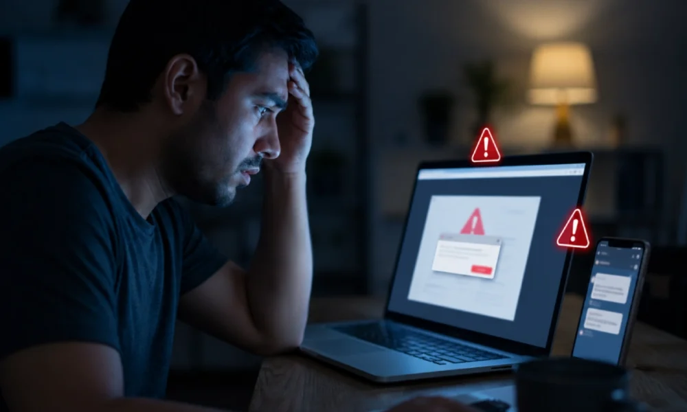 online loan fraud 2026 warning shown on laptop screen at night