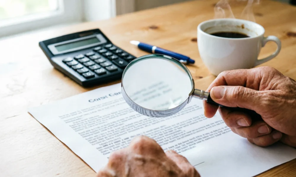 Reading loan fine print with a magnifying glass over a contract