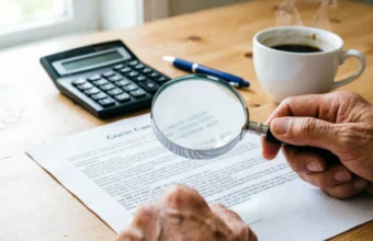 Reading loan fine print with a magnifying glass over a contract