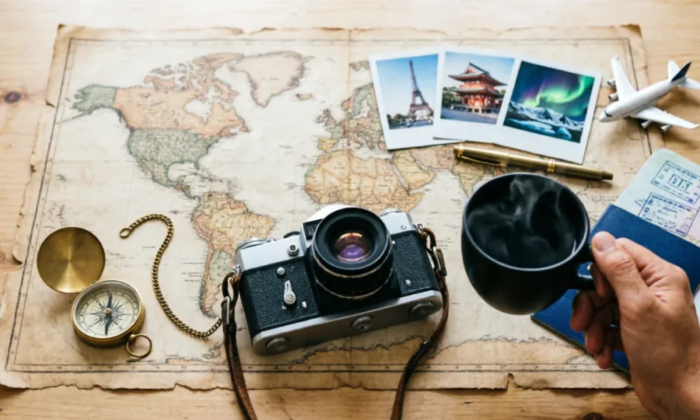 Notebook and map showing how to create a stress free travel itinerary